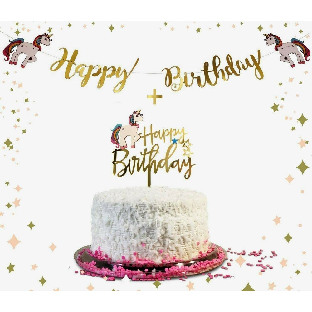 Unicorn Cake Topper & Birthday Banner Set  - Gold XL